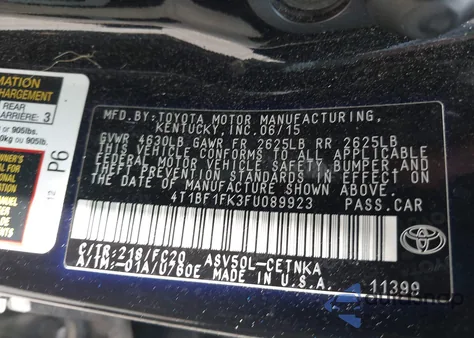 2015 Toyota Camry Le из США, поврежденный, VIN 4T1BF1FK3FU089923